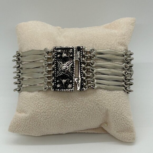 Vintage Mexican Alpaca Silver Panel Bracelet Aztec Motif Made in Mexico Boho - Picture 4 of 14